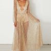 Sexy Deep V Rhinestone Long Sleeve Evening Dress