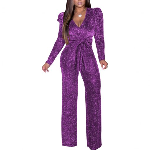 Long Sleeve V-neck Slim Fit Jumpsuit With Belt – debulp