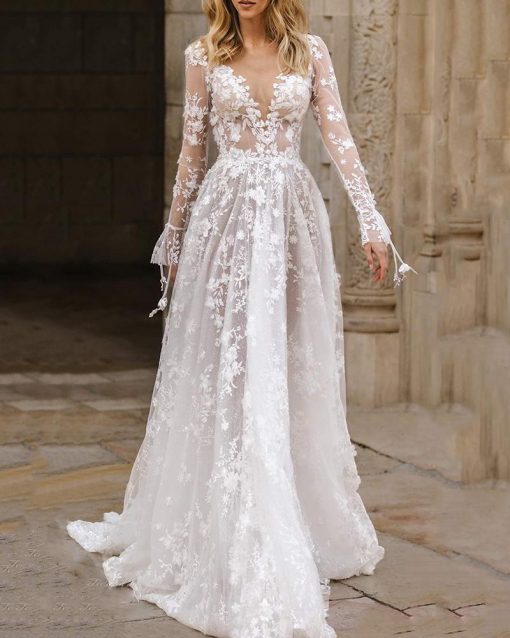 Lace Long-sleeved Mesh Wedding Evening Dress – debulp