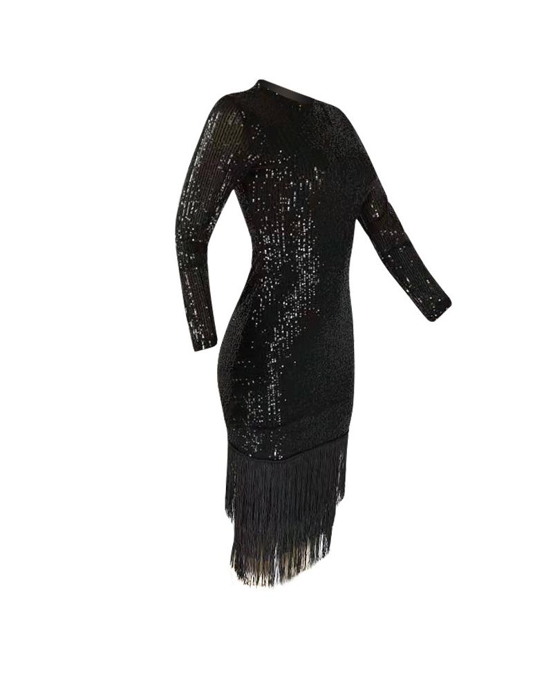 Sequined Long Sleeve Tassel Evening Dress – debulp