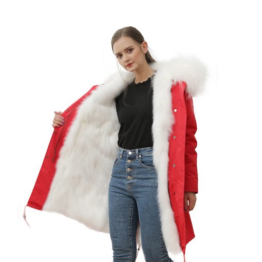 Long cross knee rabbit hair removable liner fox fur corrugation jacket ...