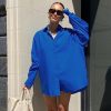 DEBULP Shirt Klein Blue cotton long sleeve loose long shirt
