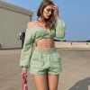 Woman outfits Shoulder long sleeve sweater sports shorts two piece suit