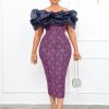 One Shoulder collar lace stitching yarn banquet dress skirt dress