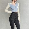 Long sleeve color matching cardigan T shirt