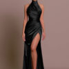 Halter neck sleeveless slit slimming dress
